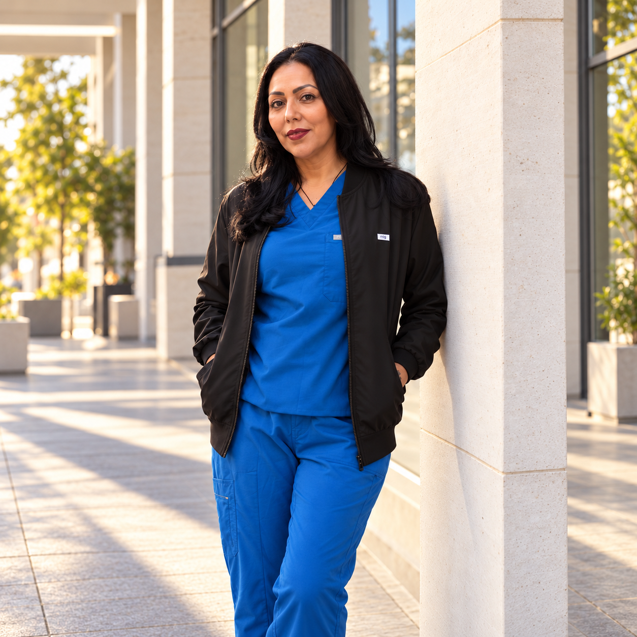 Model wearing a black NTG bomber jacket over blue scrubs with hands in the jacket pockets.