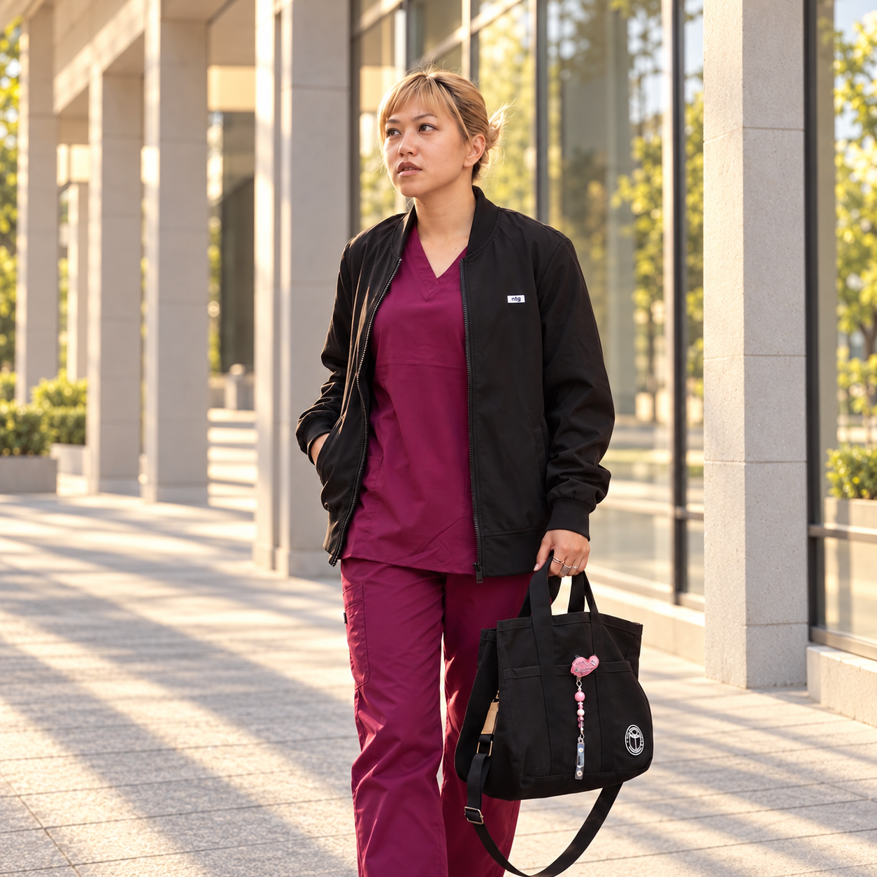 Model wearing a black NTG bomber jacket over maroon scrubs and carrying a black clinical tote.