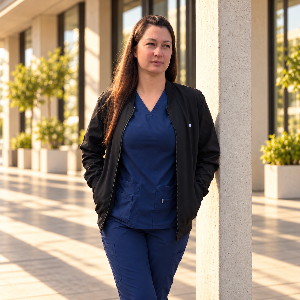 Model wearing a black NTG bomber jacket over navy scrubs beside a sunlit stone column.