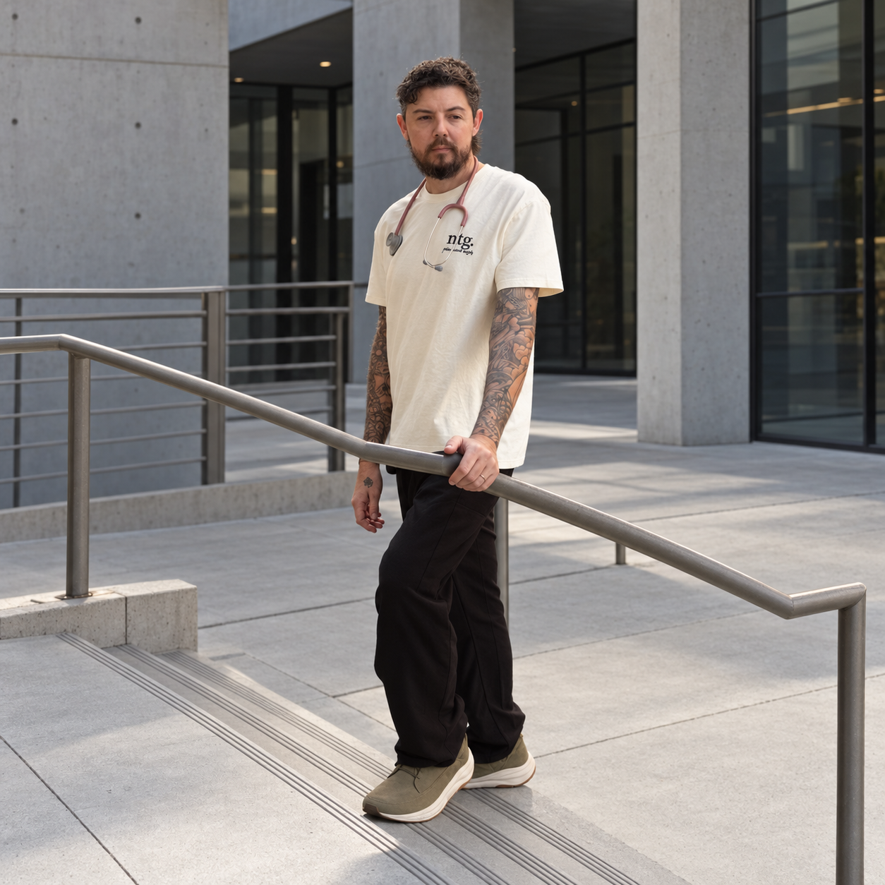 Model wearing a cream NTG T-shirt and black trousers beside a modern building and railing.