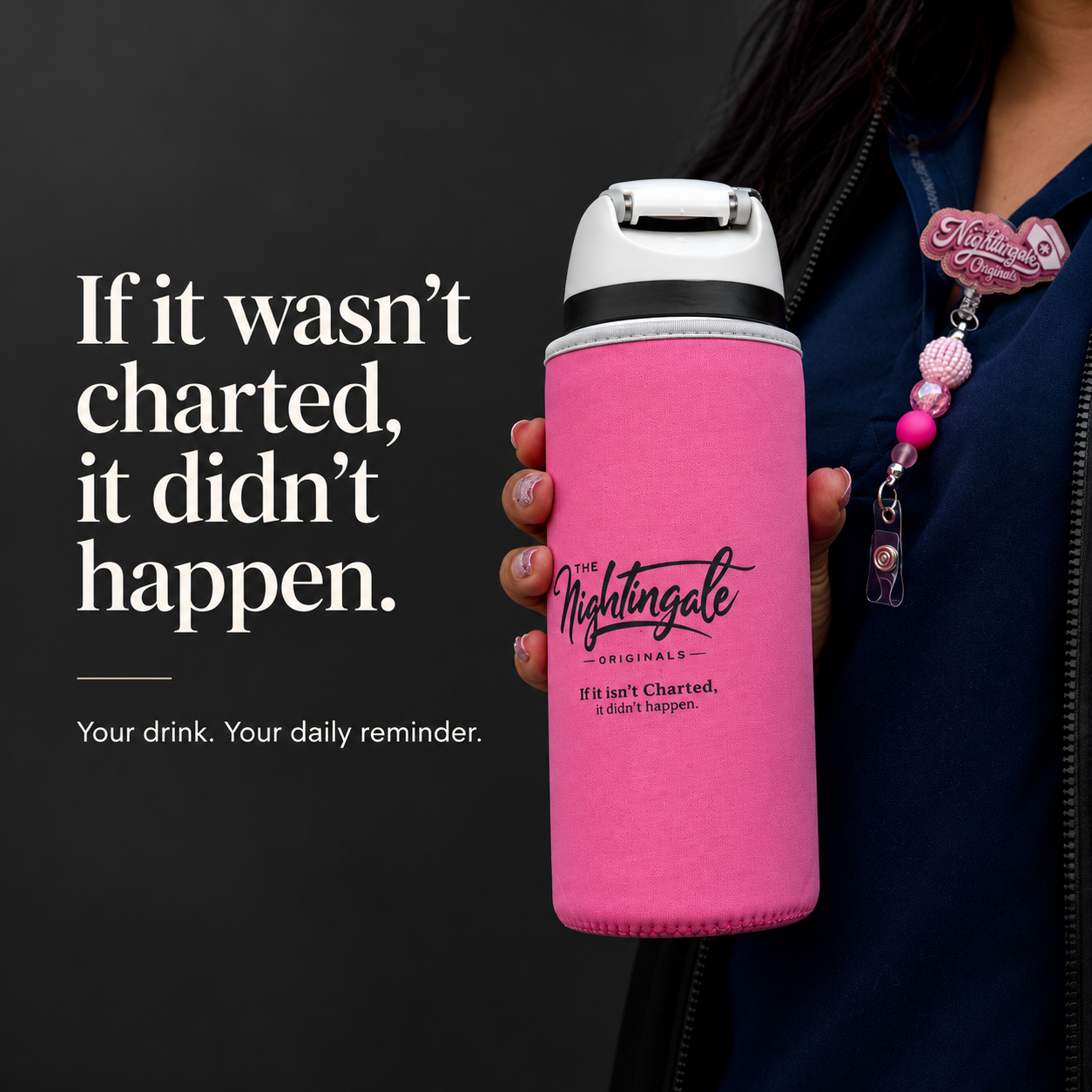 Person in navy scrubs holding a tumbler in a rose-pink Clutch’d sleeve beside a charting-themed caption.