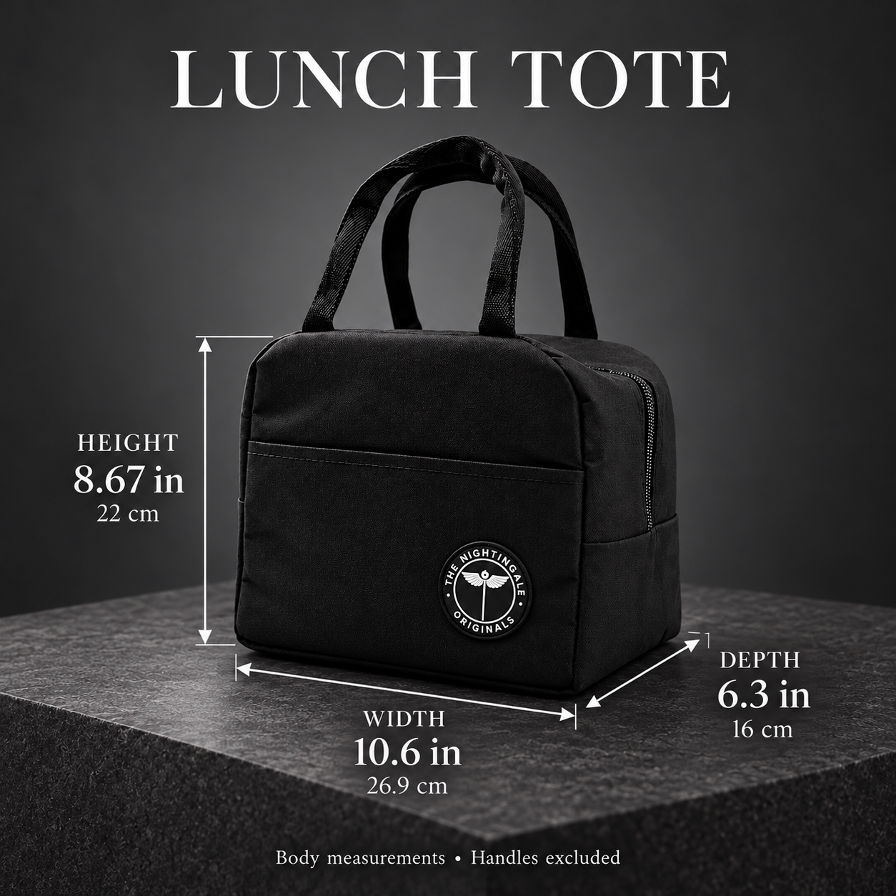 Black Famish’d lunch tote dimensions graphic showing height, width and depth.