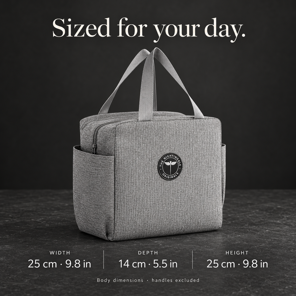 Gray Famish’d lunch bag dimensions graphic with labeled width, depth and height.