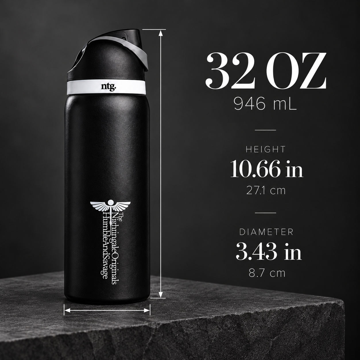 Black Parch’d 32 oz tumbler dimensions graphic with labeled height and diameter.