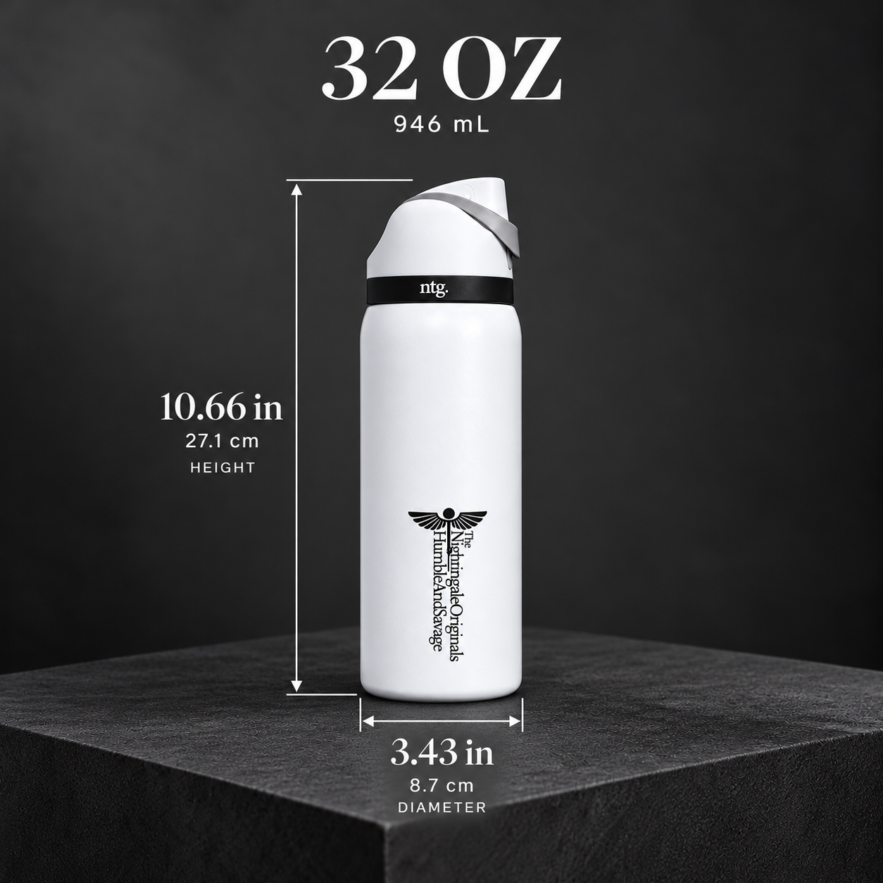 White Parch’d 32 oz tumbler dimensions graphic showing height and diameter.