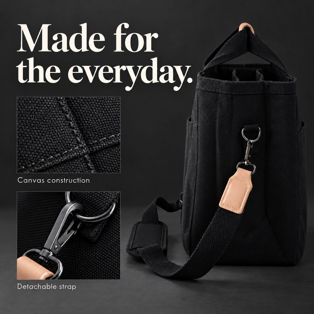 Satch’l tote detail graphic showing black fabric, side hardware, tan handles and a detachable shoulder strap.