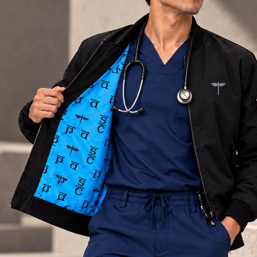Model in navy scrubs holding open a black Venous bomber jacket to reveal its bright blue printed lining.
