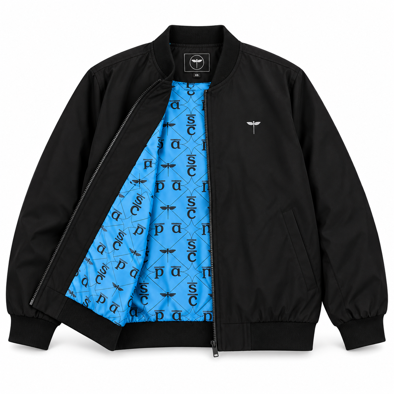 Black Venous bomber jacket laid open on a white background to show its blue medical-print lining.