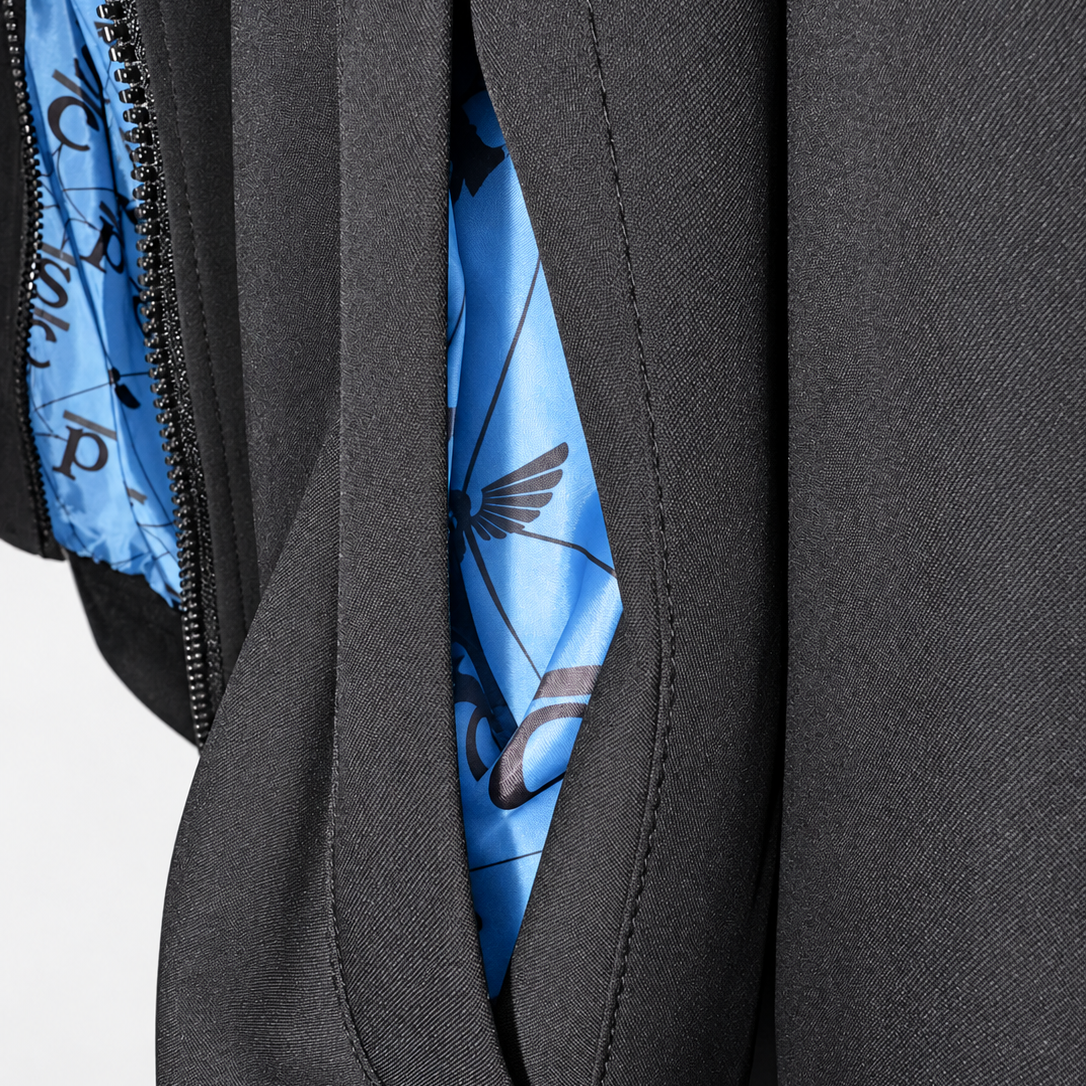 Close-up of the Venous bomber jacket side pocket and blue printed lining.