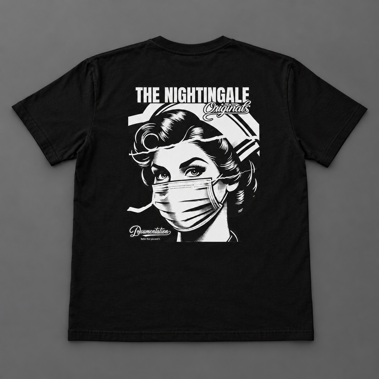 Back view of a black Sure’t T-shirt with a white masked-nurse graphic and Nightingale Originals lettering.